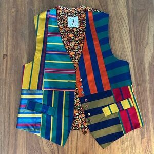 Todd Oldham Multi-Striped and Floral Satin Vest in Orange, Blue, Green, Red